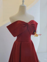 Burgundy Satin Off the Shoulder Pleats Prom Dress
