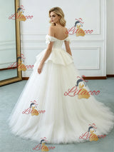 Beige White Tulle Off the Shoulder Wedding Dress