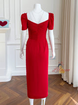 Red Sheath Short Sleeve Pleats Prom Dress