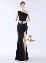 Mermaid One Shoulder Feather Split Prom Dress
