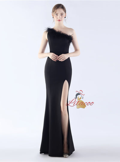 Mermaid One Shoulder Feather Split Prom Dress