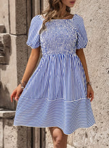 Bubble Sleeve Lapel Short Sleeve Striped Dress