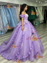 Purple Tulle Off the Shoulder Appliques Quinceanera Dress