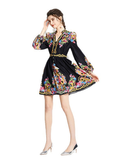 V-neck Lantern Sleeve Printed Short Dress