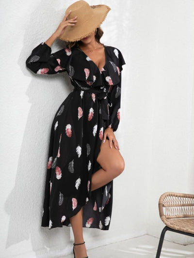 Feather Printed Lotus Leaf Long Sleeve Wrapped Dress
