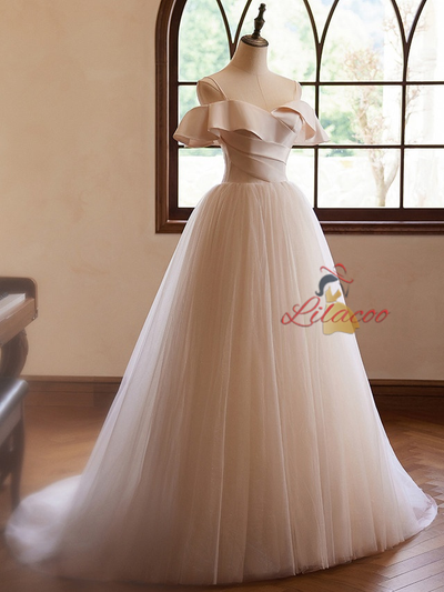 Champagne Tulle Pleats Wedding Dress