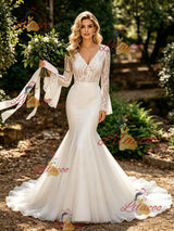White Mermaid V-neck Long Sleeve Wedding Dress
