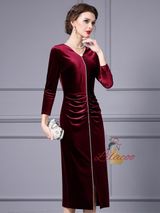 Burgundy Velvet Long Sleeve Mother Of The Bride Dress