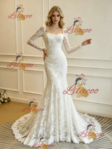 Beige White Lace Long Sleeve Wedding Dress