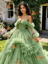 Green Tulle Straps Long Sleeve Beading Quinceanera Dress