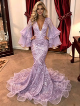 Purple Mermaid Sequins Long Sleeve Prom Dress