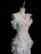 White Mermaid Sequins Flower Wedding Dress