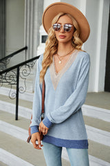 V-neck Contrast Split Loose Long Sleeve T-shirt