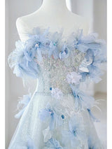 Blue Tulle Sequins Off the Shoulder Flower Prom Dress