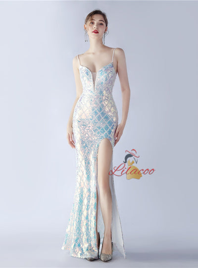 Mermaid Sequins Spaghetti Straps Split Prom Dress