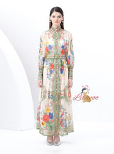 Retro Stand-up Lantern Sleeve Printed Dress