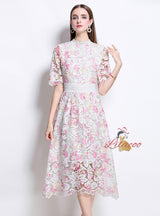 Women Flower Short Sleeve Lace Dress