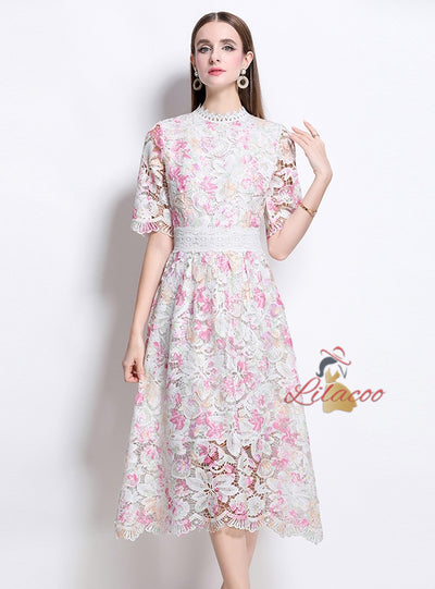 Women Flower Short Sleeve Lace Dress