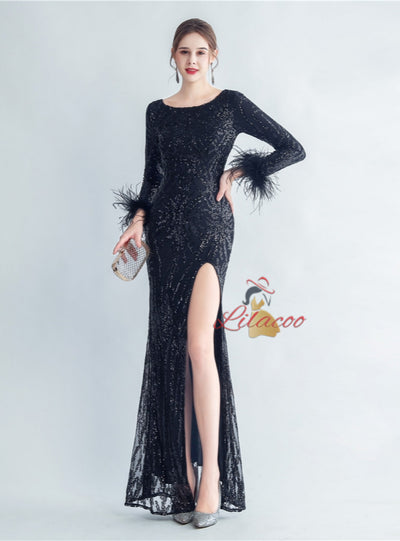 Long Sleeve Split Sequins Prom Dress