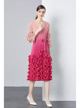 Folding Wooden Ear Ruffled Slim V-neck Gradient Dress