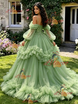 Green Tulle Straps Long Sleeve Beading Quinceanera Dress
