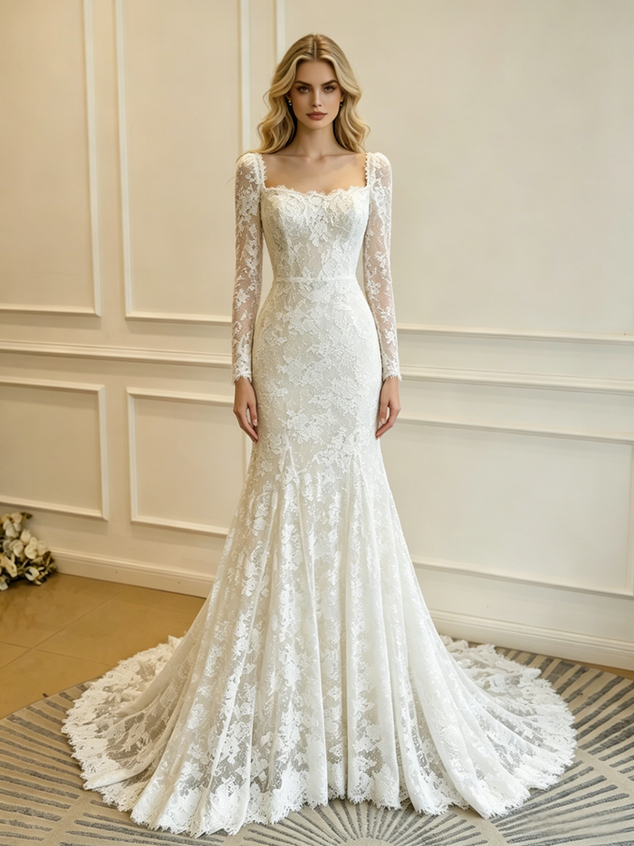 Beige White Lace Long Sleeve Wedding Dress