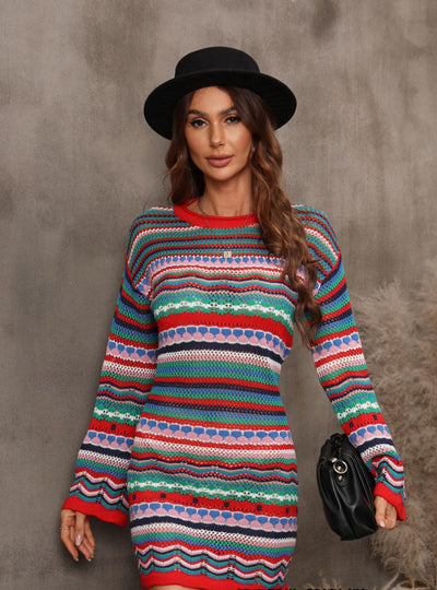 Hollow Stitching Long Rainbow Knit Dress