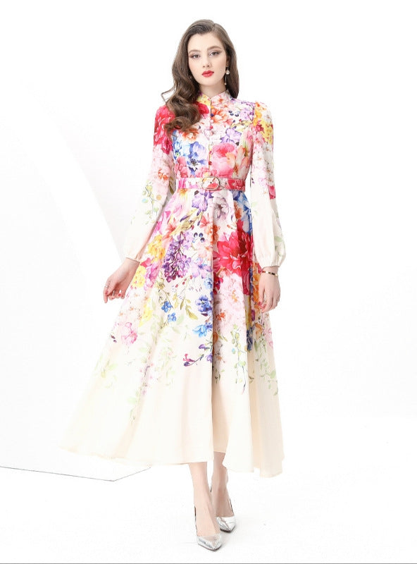 Retro Stand-up Breasted Print Long Dress