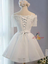 White Lace Appliques Short Sleeve Homecoming Dress