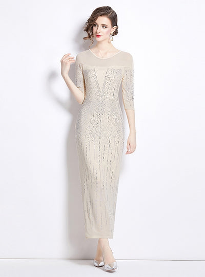Sexy Round Neck Slim Gauze Rhinestone Dress