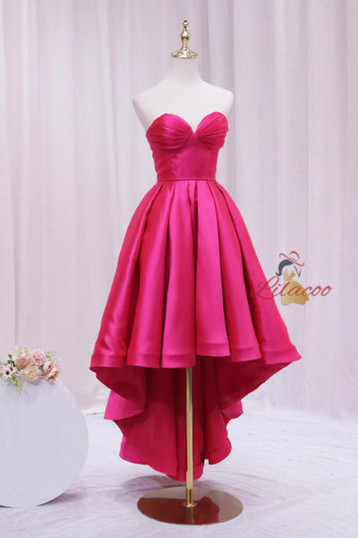 Hot Pink Hi Lo Satin Strapless Pleats Prom Dress