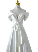 White Satin Spaghetti Straps Pleats Wedding Dress