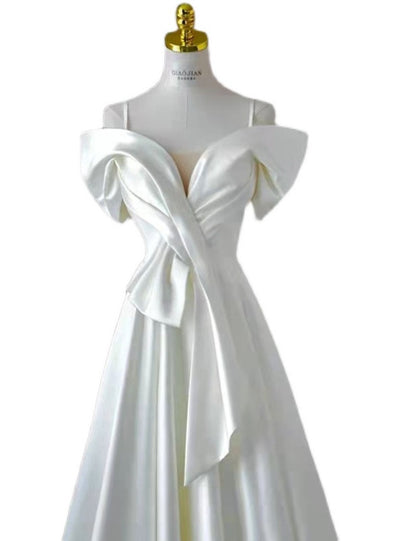White Satin Spaghetti Straps Pleats Wedding Dress