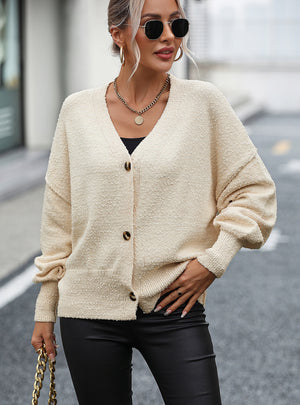 V-neck Button Solid Color Cardigan Sweater Coat