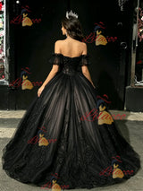 Black Tulle Off the Shoulder Appliques Quinceanera Dress