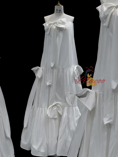 White Satin Strapless Bow Wedding Dress