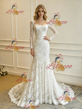 Beige White Lace Long Sleeve Wedding Dress