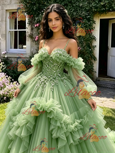 Green Tulle Straps Long Sleeve Beading Quinceanera Dress
