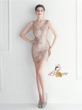 V-neck Sequins Beading Short Prom Dress