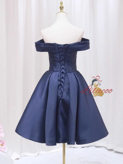 Navy Blue Satin Off the Shoulder Pleats Homecoming Dress