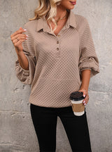 Long-sleeved Waffle Lapel Button V-tie Pocket Top