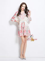 Fashion Printed Slim V-neck Lantern Sleeve Dress
