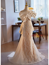 Champagne Mermaid Lace Satin Strapless Wedding Dress