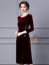 Burgundy Velvet Pleats Mother Of The Bride Dress