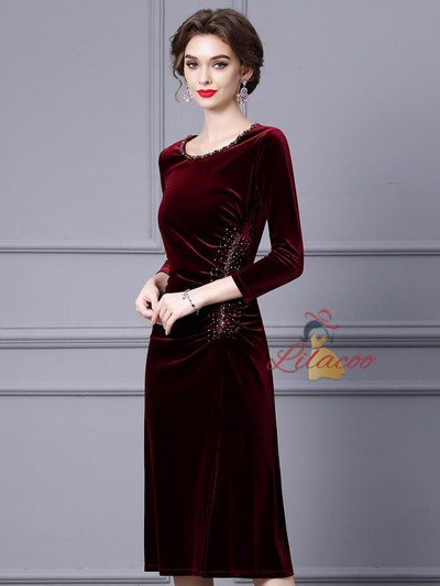 Burgundy Velvet Pleats Mother Of The Bride Dress