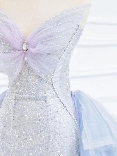Blue Purple Tulle Sequins Strapless Prom Dress