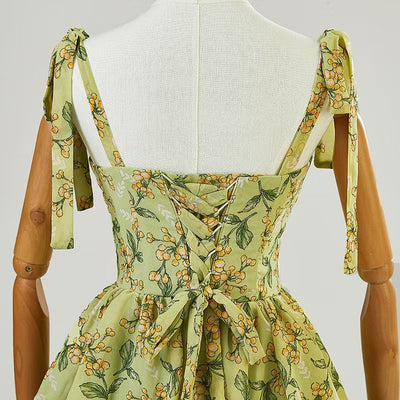 Simple Green Straps Print Tiers Prom Dress