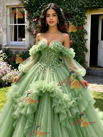 Green Tulle Straps Long Sleeve Beading Quinceanera Dress