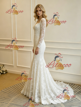 Beige White Lace Long Sleeve Wedding Dress