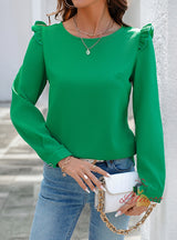 Casual Ruffled Long-sleeved Solid Color Shirt